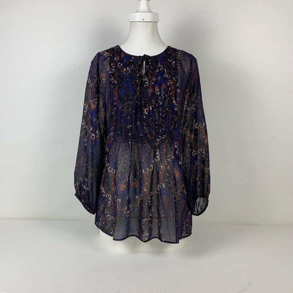Joie Blue Paisley Silk Blouse with Tie Front & Long Sleeves - XS/S Boho Chic